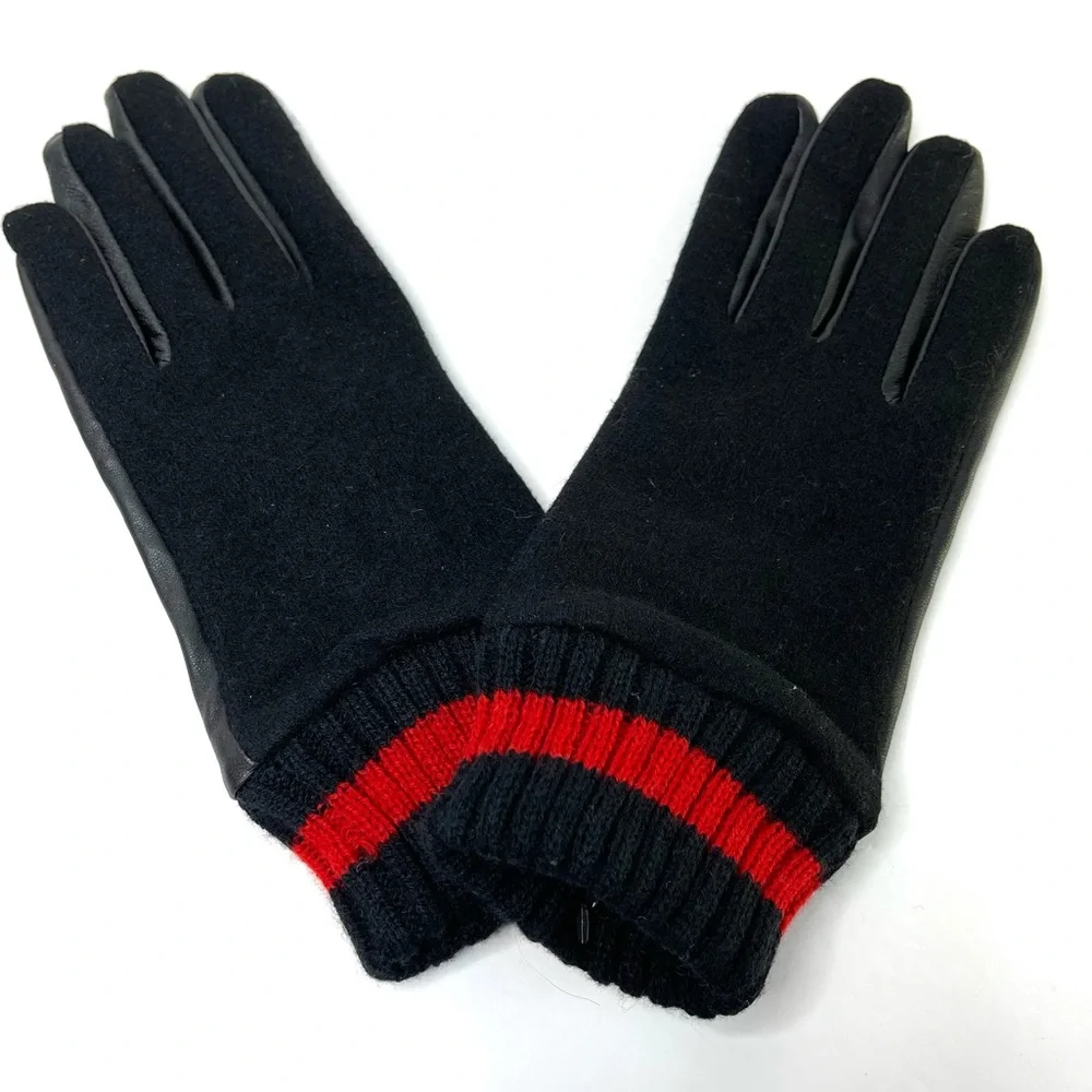 CALVIN KLEIN Leather & Wool Blend Gloves Striped Cuff NEW Black Red